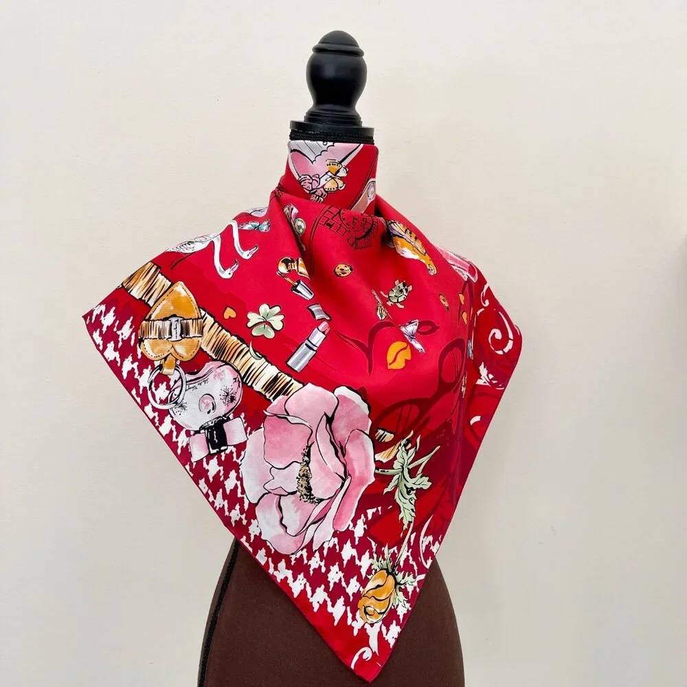 New Salvatore Ferragamo Icone Red Multicolor Silk Scarf